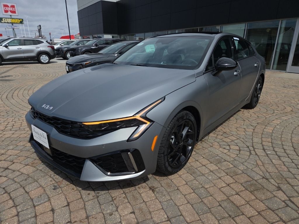 2026 Kia K5 GT-Line in Steel Matte Gray — front three-quarter view